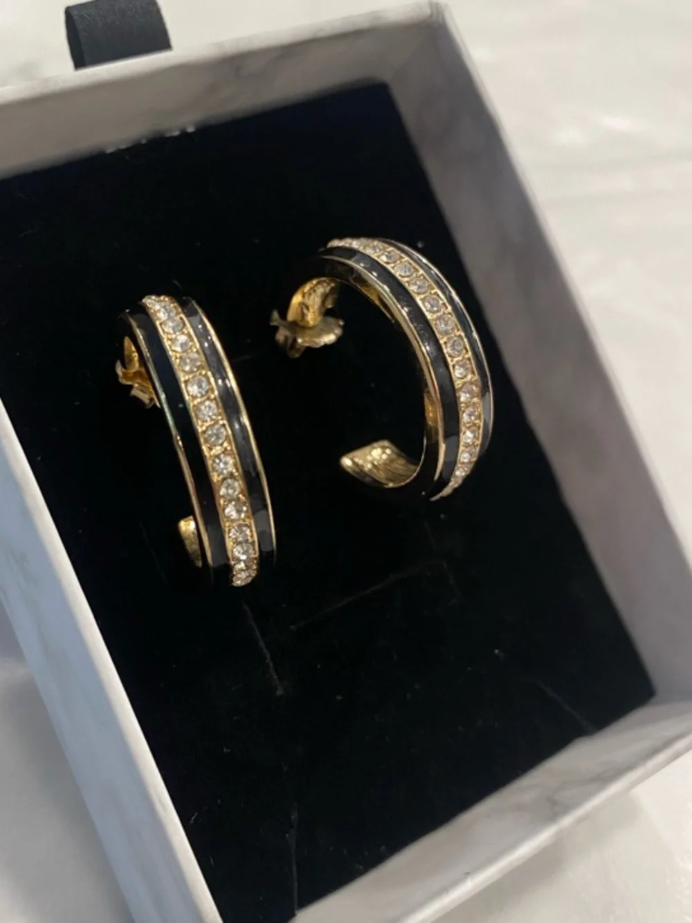 Gold Navy Enamel Rhinestone Hoop Earrings Medium - Picture 8 of 12